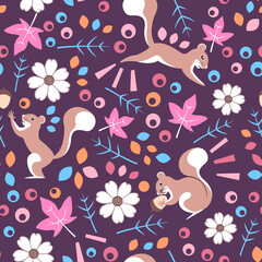 Seamless surface repeat vector pattern with happy squirrels, pink, blue and orange leaves and white flowers on a purple background