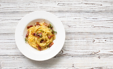 Italian pasta with bacon and parmesan cheese