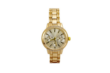 Gold colored chronograph wristwatch with metal oyster bracelet and yellow dial face isolated on white background.