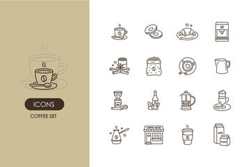 Coffee icons set for web design, menu, app, poster, ads, postcard and magazine