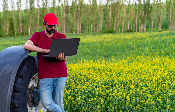 Smart farming, using modern technologies in agriculture. Man agronomist farmer with digital tablet computer in field using apps and internet of things(IOT) in production and agricultural research