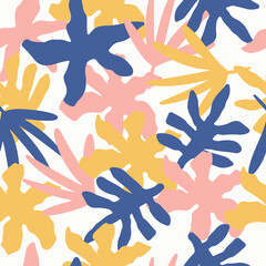 Trendy abstract seamless pattern on white background. Hand drawn floral shapes illustration. Trendy colours. Blue, yellow, pink. Interweaving of tropical plants. © Lena