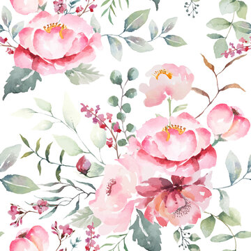Pink rose flower seamless pattern abstract white color backgroud. Illustration watercolor hand drawing for fabric or packaging design