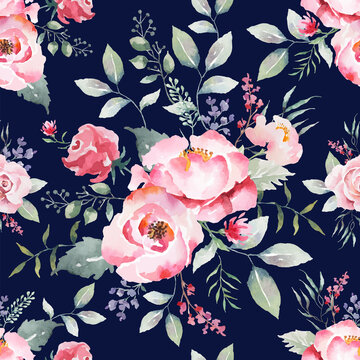 Pink rose flower seamless pattern abstract dark blue color backgroud. Illustration watercolor hand drawing for fabric or packaging design
