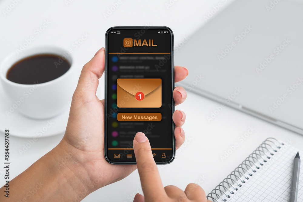 Poster unrecognizable female opening new inbox email message on smartphone, touching screen