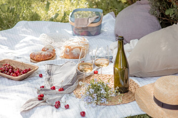 Aesthetic picnic outdoors with wine glasses bread berries and flowers. Rustic picnic with neutral...
