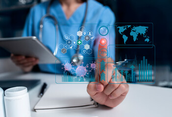Medical technology and futuristic concept. Doctor hologram modern virtual screen interface.