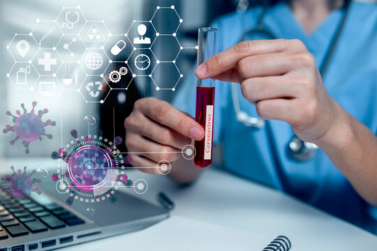 Double exposure of healthcare And Medicine concept. Doctor working on digital modern virtual screen interface.