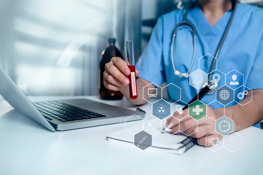 Double exposure of healthcare And Medicine concept. Doctor working on digital modern virtual screen interface.