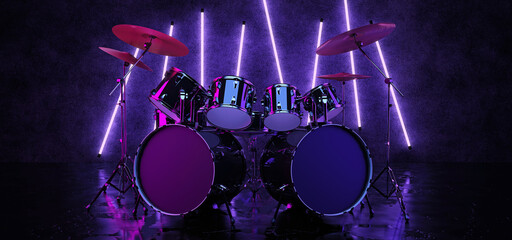 The drum kit is located in a dark room and is illuminated by neon lamps that hang on the wall. A cyberpunk-style drum kit, illuminated by neon light and reflected on the glossy floor. 3D Render. - obrazy, fototapety, plakaty