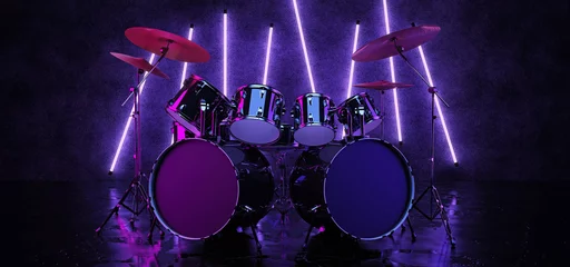 Fotobehang The drum kit is located in a dark room and is illuminated by neon lamps that hang on the wall. A cyberpunk-style drum kit, illuminated by neon light and reflected on the glossy floor. 3D Render. © psycoma