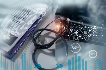 Stethoscope and tablet on white background. Medical equipment.