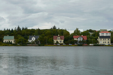 Old lakeside houses in Reykjavik