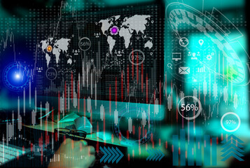 Double exposure of hands making notes with forex chart hud. Stock market concept.	