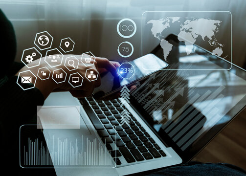 Concept of digital diagram, graph interfaces icons, virtual screen, connections icon on blurred background. business people hands working with startup project  network online.