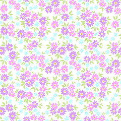 Vintage floral background. Seamless vector pattern for design and fashion prints. Flowers pattern with small pink and lilac flowers on a white background. Ditsy style.