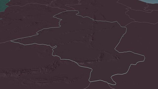 Sidi Bou Zid, governorate with its capital, zoomed and extruded on the administrative map of Tunisia in the conformal Stereographic projection. Animation 3D
