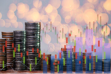 Business virtual financial chart and stack of coins, Business financial concept.