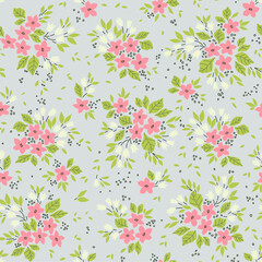 Vintage floral background. Seamless vector pattern for design and fashion prints. Flowers pattern with small white and pink flowers on a gray background. Ditsy style.
