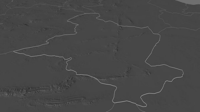 Sidi Bou Zid, governorate with its capital, zoomed and extruded on the bilevel map of Tunisia in the conformal Stereographic projection. Animation 3D