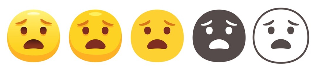 Anguished emoji. Pained yellow face with furrowed eyebrows and open frown emoticon flat vector icon set