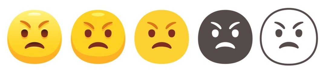 Grumpy emoji. Angry yellow face with frowning mouth and eyebrows scrunched downward in anger. Disgust emoticon flat vector icon set