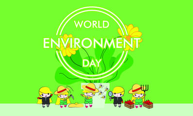 Obraz na płótnie Canvas World Environment Day illustration of happy people playing with green plant and yellow flower. Social awareness concept for nature conservation event.