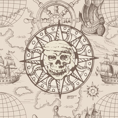 Vector abstract seamless pattern on the theme of travel, adventure and discovery and pirates. Vintage repeating background with hand-drawn ships, anchors, islands and sea monsters.