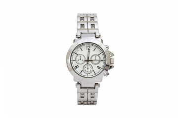 Silver colored matte metal chronograph wristwatch with white dial face and numerals isolated on white background.
