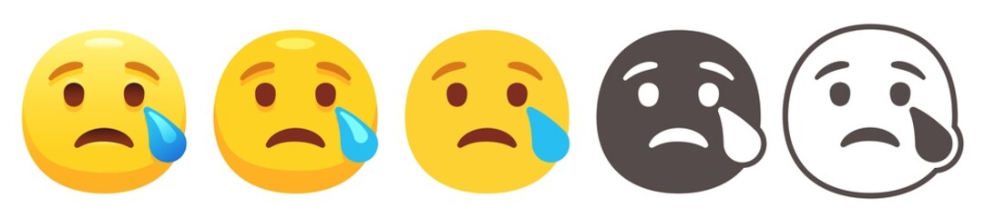 Crying emoji. Yellow face with raised eyebrows, sad smile and blue tear from one eye. Sadness emoticon flat vector icon set