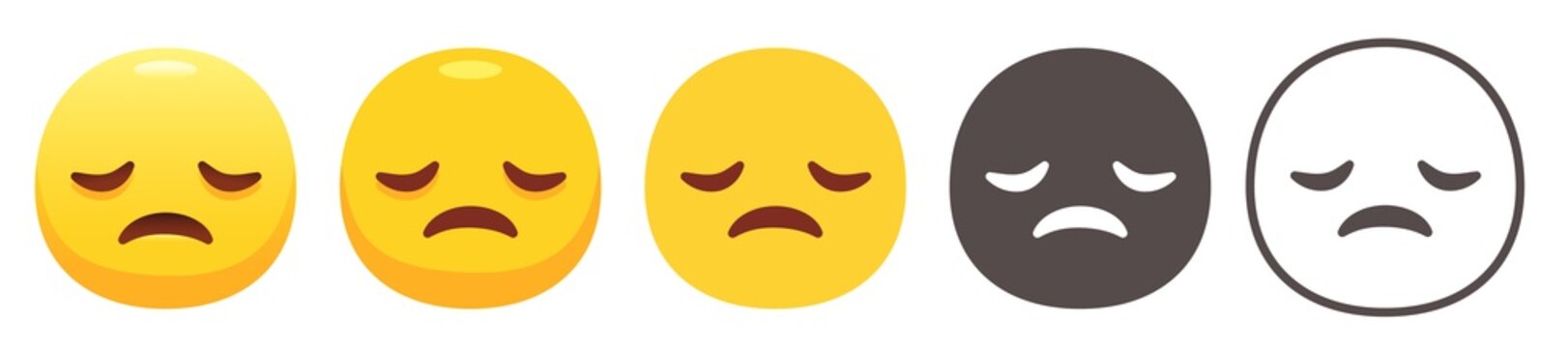 Disappointed emoji. Frowny yellow face with closed eyes and sad smile. Unhappy emoticon flat vector icon set