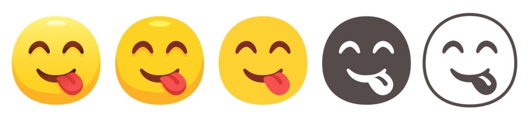 Savouring delicious food emoji. Yellow face with smiling eyes, closed smile and tongue sticking out. Yummy emoticon flat vector icon set
