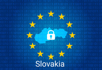 Map of Slovakia, with lock and binary code background. europe union internet blocking, virus attack, privacy protect. vector