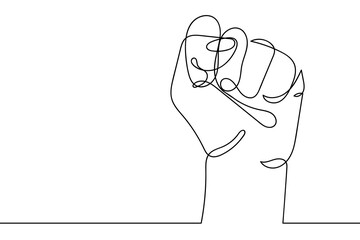 Continuous line drawing of strong fist raised up. Human arm with clenched fingers, one line drawing vector illustration. Concept of protest, revolution, freedom, equality, fight for human rights.