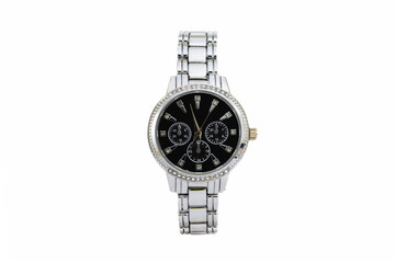 Silver colored metal chronograph wristwatch with oyster bracelet, black dial face, small dials and shiny jewellery around, isolated on white background.