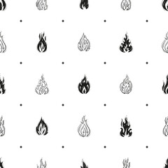 Fire Flames Icons Vector Seamless Pattern. Hand Drawn Doodle Sketch Fire Flame. Black and White Background. T-shirt Print Design for Men's Clothing
