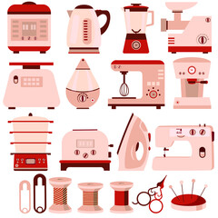 Big set of home appliances. Slow cooker, iron, coffee machine, meat grinder, kitchen scale, blender, sewing machine, toaster. Flat vector illustration. Kitchen utensils. Icon