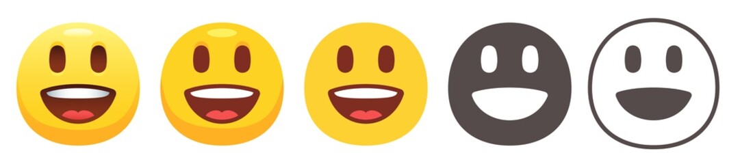 Fototapeta premium Grinning emoji with big eyes. Happy excited face, surprised or inspired emoticon flat vector icon set