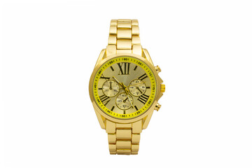 Gold colored metal chronograph wristwatch with oyster bracelet, yellow dial face and roman numerals isolated on white background.