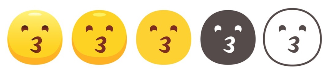 Kissing emoji. Whistling yellow face with puckered lips. Kiss emoticon flat vector icon set