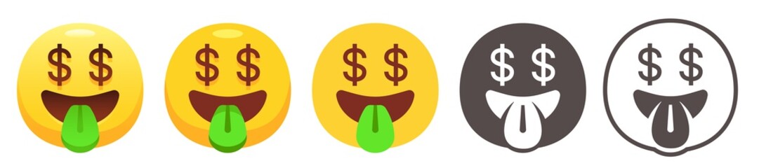 Money mouth emoji. Happy yellow face with dollar signs for eyes, open smile and  sticking out green tongue. Rich emoticon flat vector icon set