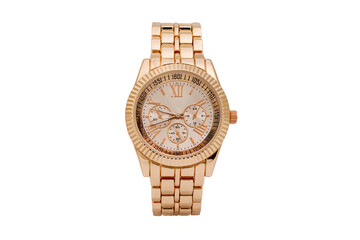 Orange colored metal chronograph wristwatch with jubilee bracelet, orange dial face and roman...