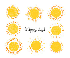 Cute Sun Icon Vector Set. Hand Drawn Doodle Different Suns with Abstract Pattern. Happy Day

