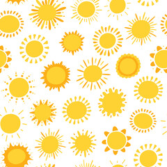 Soleils jaunes de vecteur. Modèle sans couture avec des icônes de soleil mignon. Fond de ciel pour la mode des enfants, pépinière, douche de bébé Design scandinave