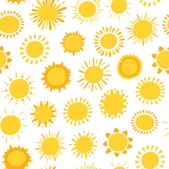 Papier Peint photo autocollant Style scandinave Soleils jaunes de vecteur. Modèle sans couture avec des icônes de soleil mignon. Fond de ciel pour la mode des enfants, pépinière, douche de bébé Design scandinave