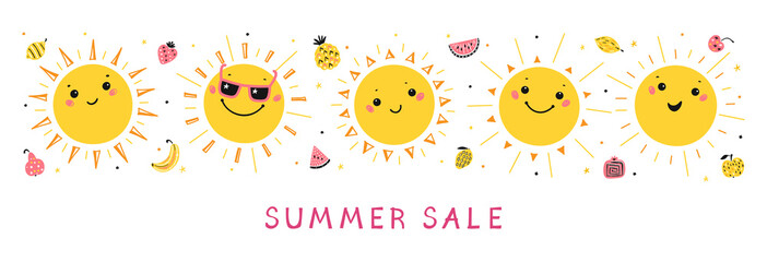 Colorful Summer Sale Banner with Cartoon Doodle Funny Cute Suns and Fruits. Vector Happy Kawaii Sun Characters Set. Summer Collection
