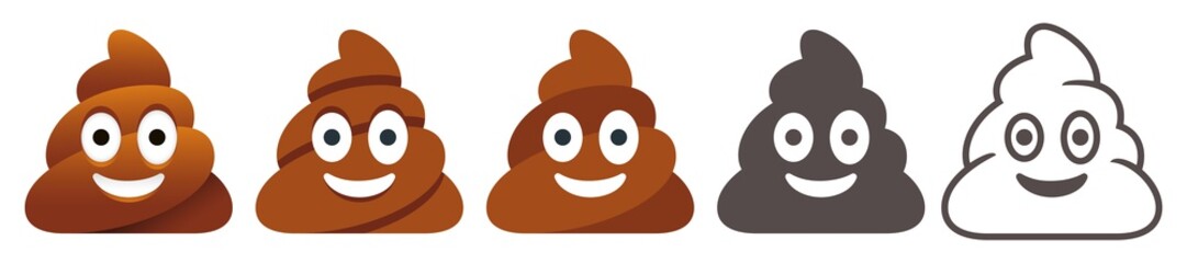 Happy poo pile. Stinky poop emoji with big eyes vector flat icons set - obrazy, fototapety, plakaty