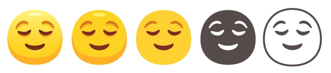 Relieved emoji. Peaceful face with closed eyes, relaxed and reassured emoticon flat vector icon set