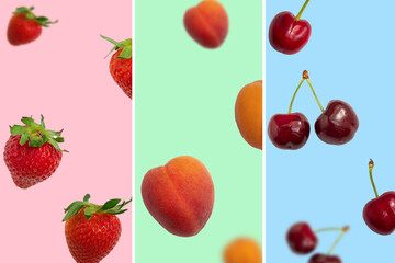 Collage of fresh summer fruits in the form of vertical stripes