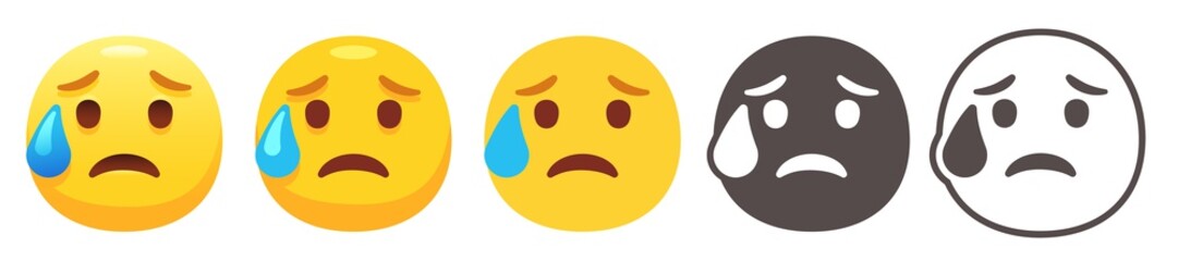 Sad but relieved emoji with eyebrow sweat.  Disappointed and unhappy emoticon. Yellow face with drop of cold sweat, flat vector icon set
